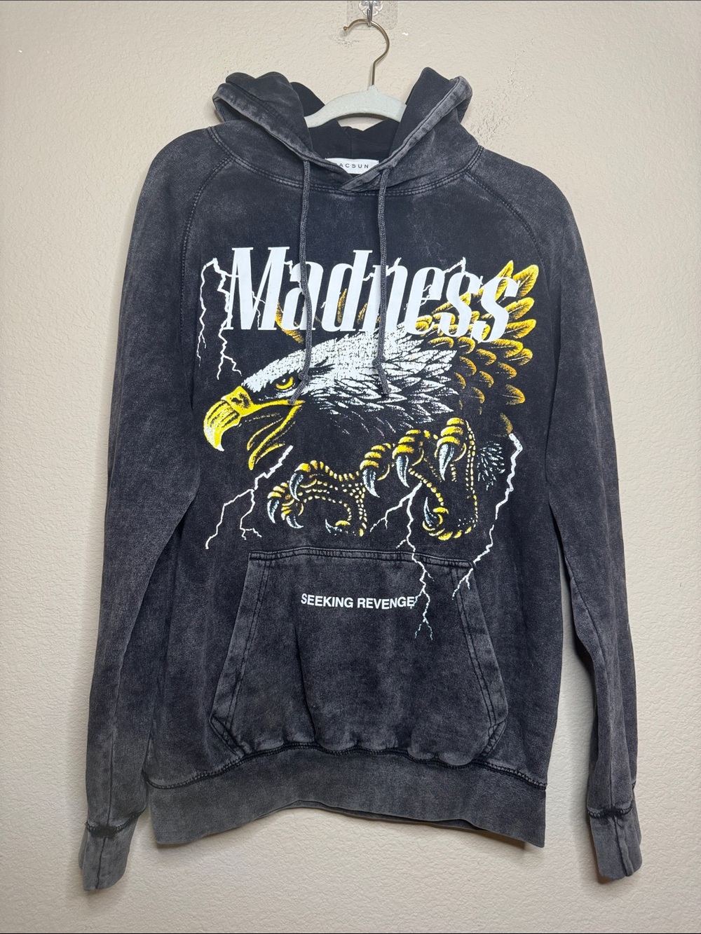 PacSun Black Washed 'Madness' Eagle Hoodie with Yellow Accents‎ Medium